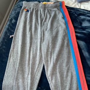 Womens Aviator Nation 5 Stripe Sweatpants- Heather Grey // Neon Rainbow